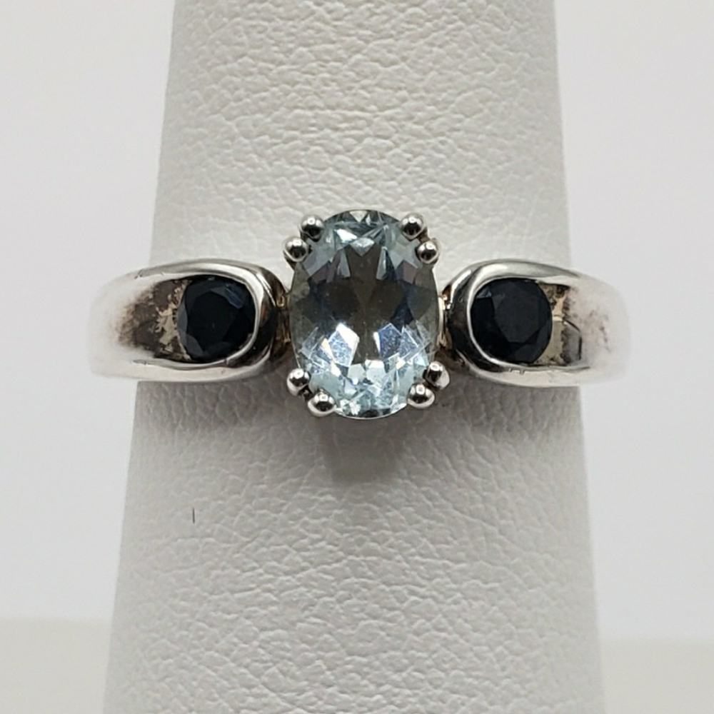 Dainty Aquamarine & Sapphire Ring  Sz 7